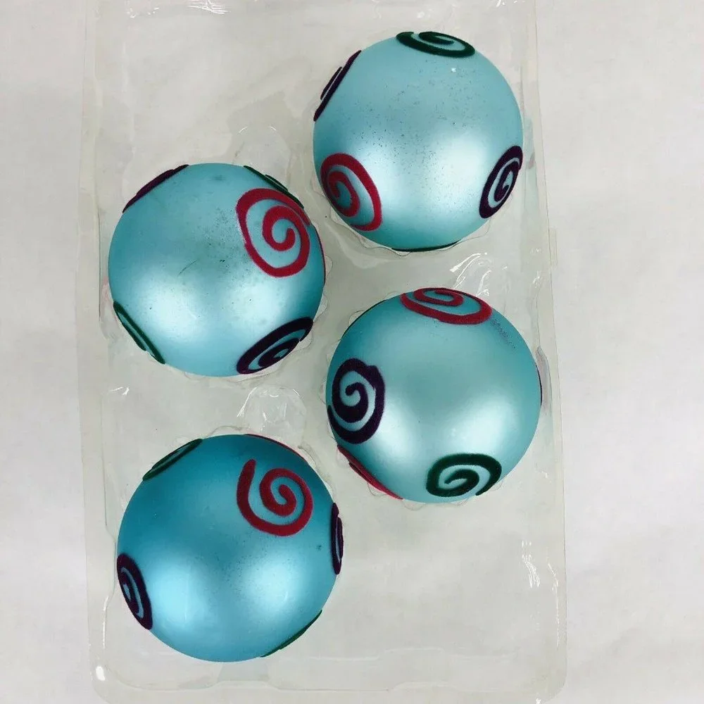 Christmas By Krebs‎ Glass Ornaments Turquoise Blue With Flock Design 4 In Box